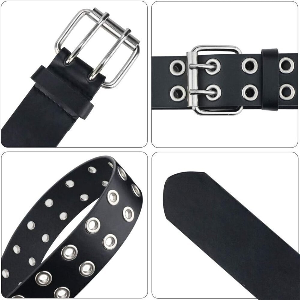 Men's Black Double Prong Alloy Buckle Vintage Punk Jeans Pu Leather Belts - Picture 4 of 5